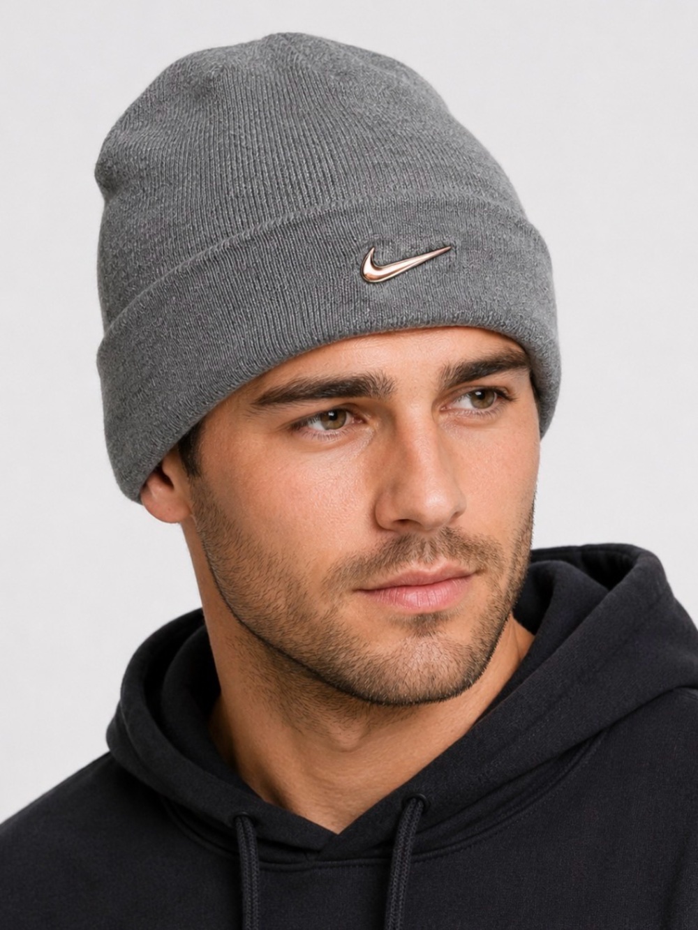 Nike Gray Knit Beanie Hat Metallic Swoosh Cuffed Winter Cap Unisex
